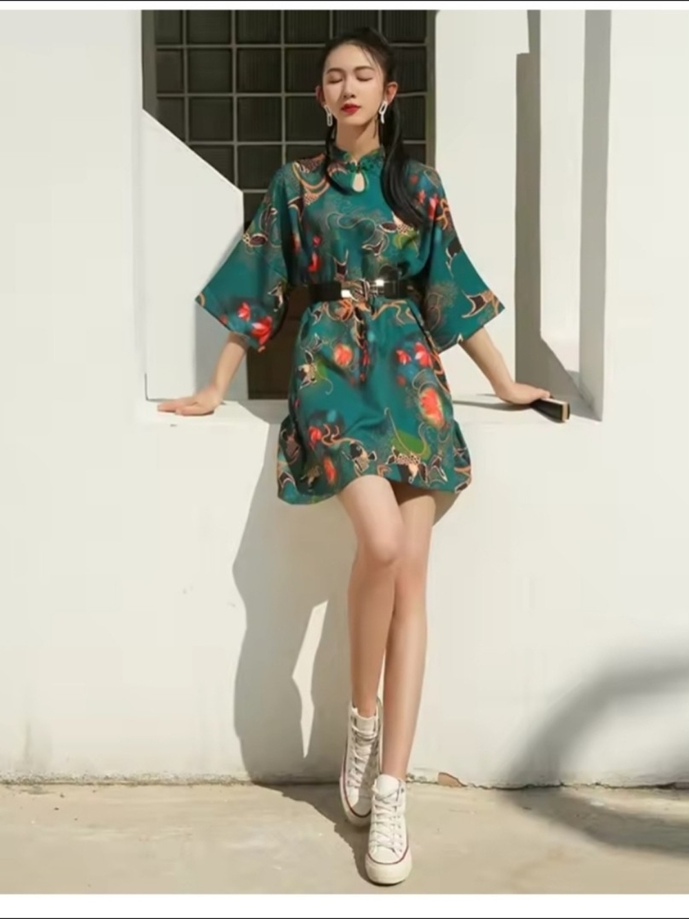 Modern Cut Oversized Loose Qipao Cheongsam Mini Dress Green with Koi Print Large